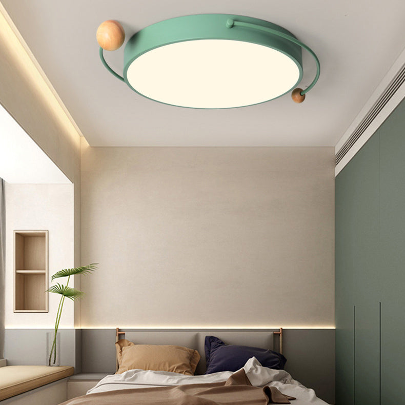 Contemporary Scandinavian Round Orb Curved Tube Iron Acrylic Wooden LED Flush Mount Ceiling Light For Bedroom