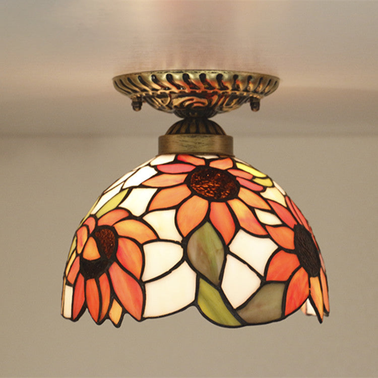 Traditional Tiffany Stained Glass Sunflower Bowl Shape 1-Light Semi-Flush Mount Ceiling Light For Living Room