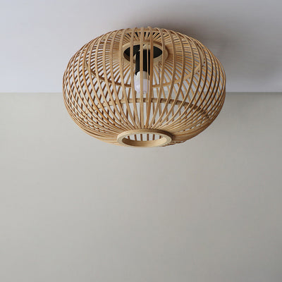 Traditional Rustic Bamboo Weaving Lantern 1-Light Flush Mount Ceiling Light For Dining Room