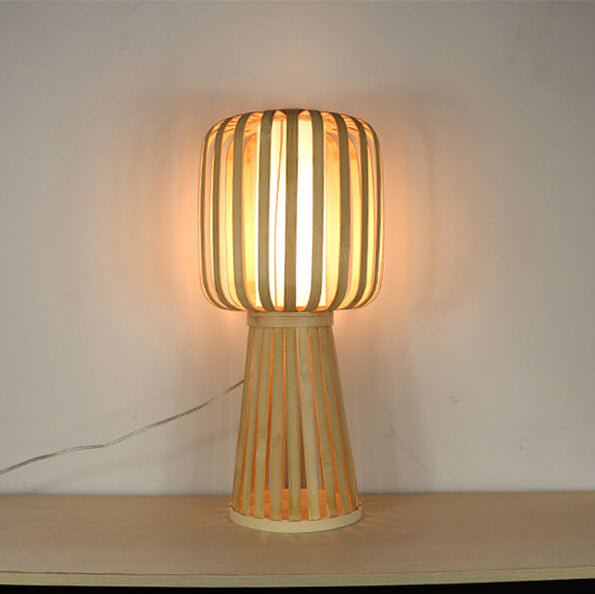 Traditional Farmhouse Bamboo Weaving Imitation Parchment Cylinder 1-Light Table Lamp For Bedroom