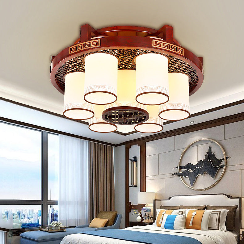 Traditional Chinese Square Round Faux Sheepskin Wood 6/9 Light Flush Mount Ceiling Light For Bedroom