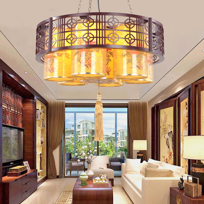 Traditional Chinese Iron Wood PVC Round Cylinder Printed 7/9/11 Light Chandeliers For Dining Room