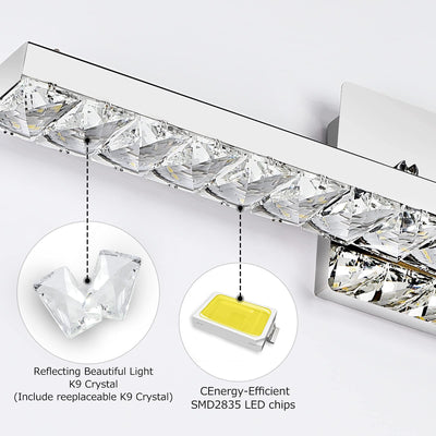 Modern Luxury Strip Rectangular Rotatable Stainless Steel Crystal LED Wall Sconce Lamp Vanity Light For Bathroom