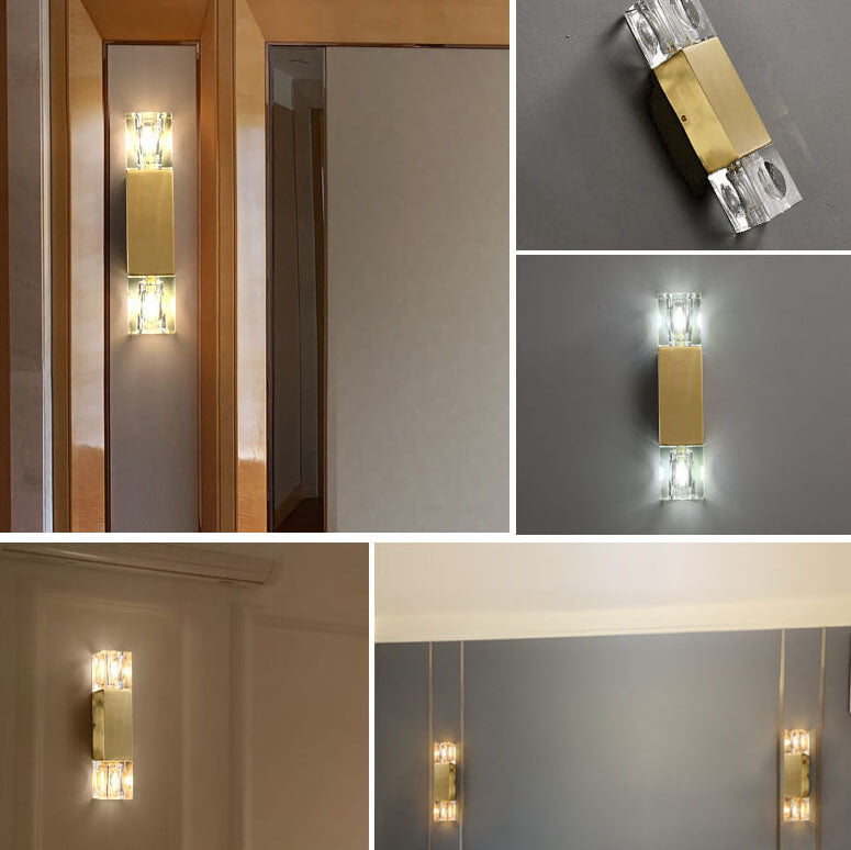 Minimalist Light Crystal Square Column Brass 2-Light Wall Sconce Lamp