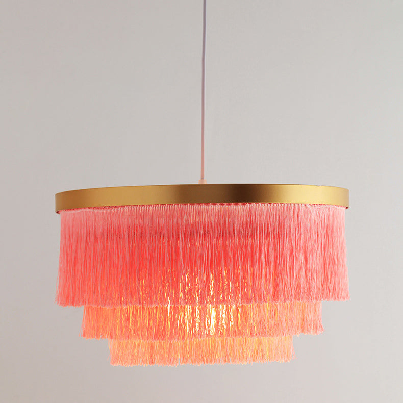 Contemporary Scandinavian Tassel Round Silk Polyester Iron 1-Light Pendant Light For Bedroom