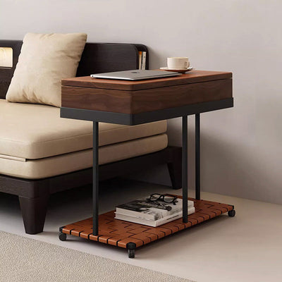 Modern Minimalist Removable Rectangular Iron Leather Solid Wood End Table 1-Storage For Living Room