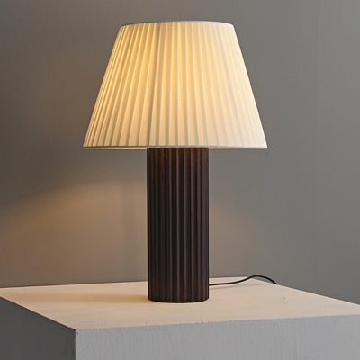 Contemporary Retro Cylinder Pleated Wood Fabric Brass 1-Light Table Lamp For Bedside