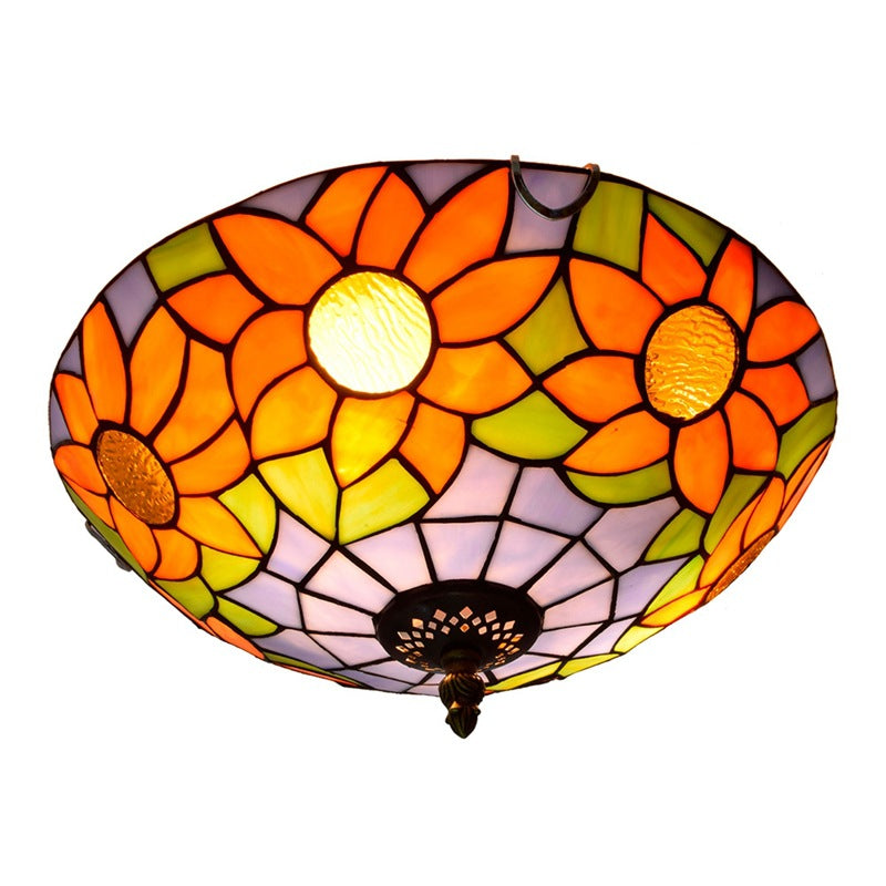 Traditional Tiffany Dome Sunflower Iron Glass 2-Light Flush Mount Ceiling Light For Living Room