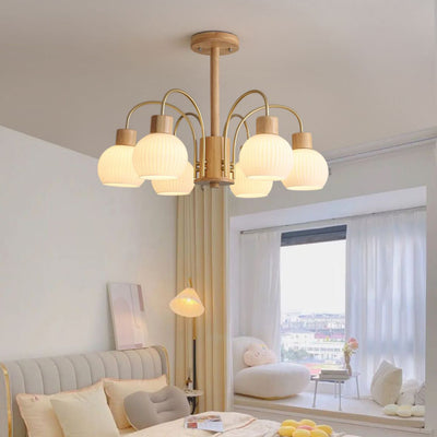 Modern Minimalist Branch Round Solid Wood Glass Hardware 6/8 Light Chandelier For Living Room