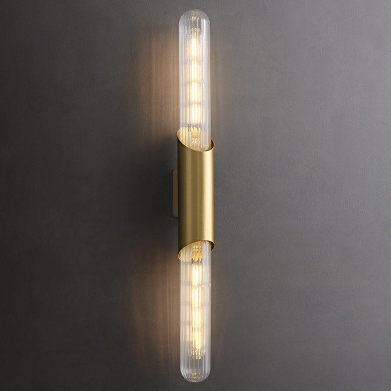 Contemporary Nordic Brass Glass Strip 2-Light Wall Sconce Lamp For Living Room