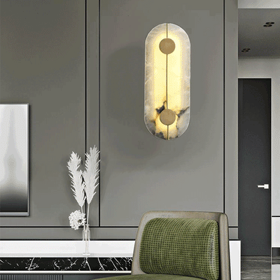 Traditional Chinese Copper Marble Round Elliptical LED Wall Sconce Lamp For Hallway