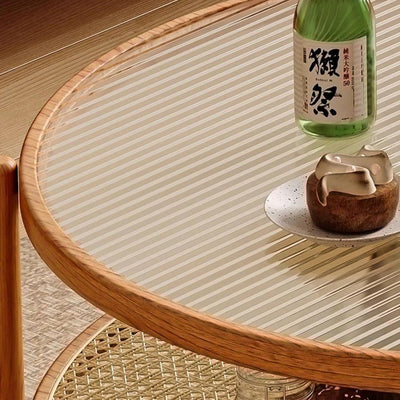 Traditional Japanese Round Glass Rattan Solid Wood End Table 2-Tier For Living Room