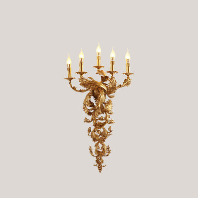 Traditional French Full Copper Carved Lamp Arm Palace Candelabra 5-Light Wall Sconce Lamp For Living Room