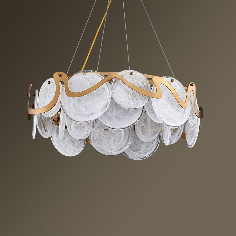 Contemporary Luxury Gold Finish Frame Cloud Texture Glass Disc 8/10-Light Chandelier For Living Room