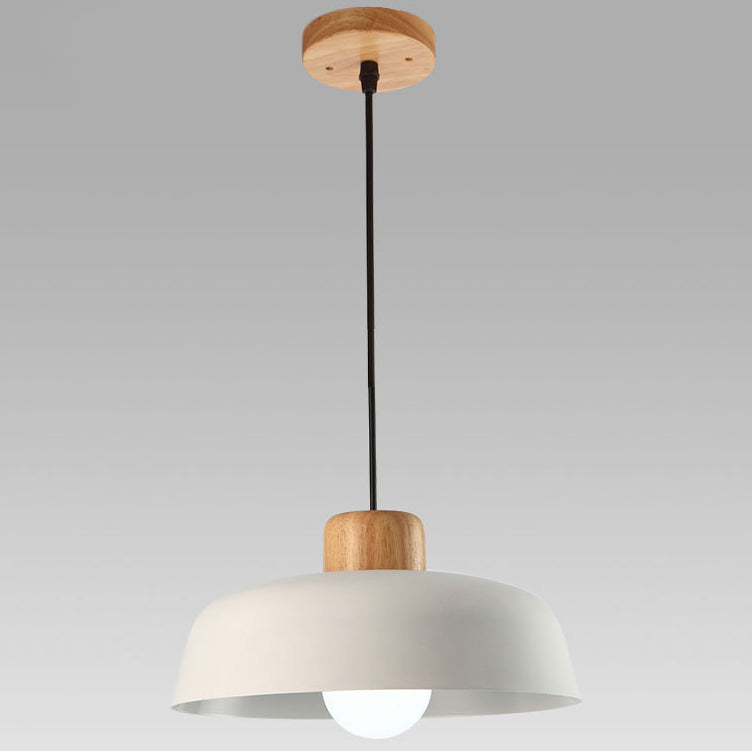 Contemporary Scandinavian Round Bowl Metal Rubber Wood 1-Light Pendant Light For Dining Room