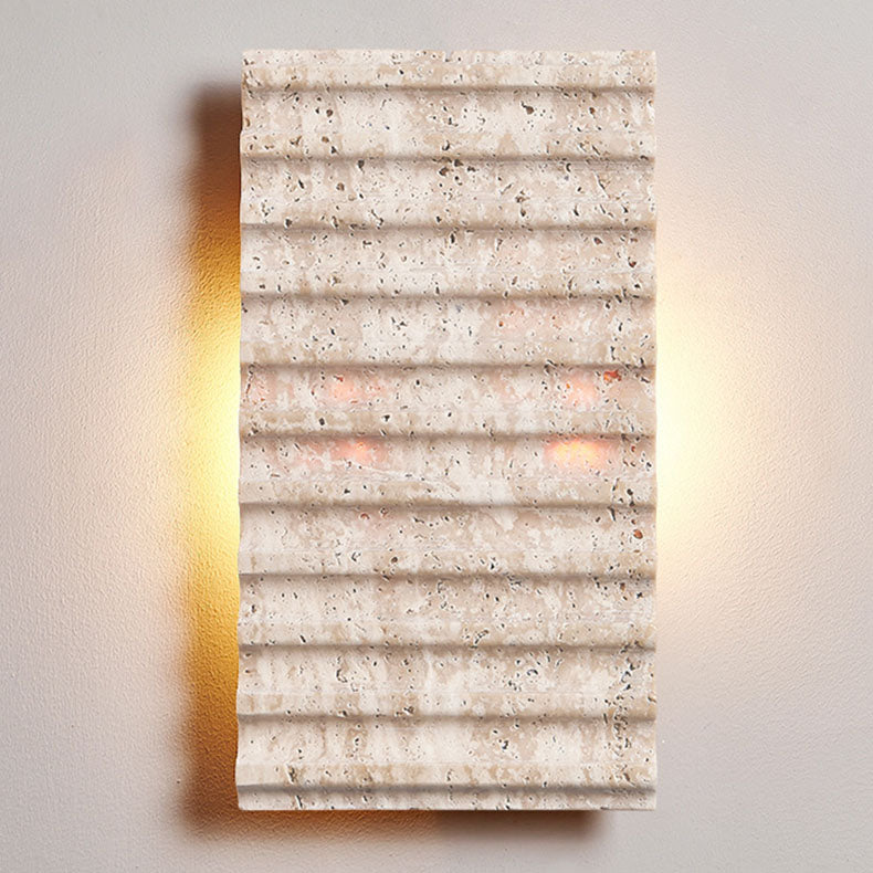 Contemporary Retro Grille Beige Travertine Rectangle 1-Light Wall Sconce Lamp For Bedroom