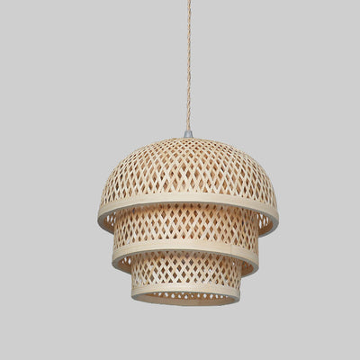 Traditional Chinese Bamboo Woven Cylinder 1-Light Pendant Light For Dining Room