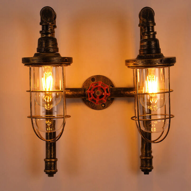 Retro Industrial Wrought Iron Water Pipe Round Glass Shade 2-Light Wall Sconce Lamp