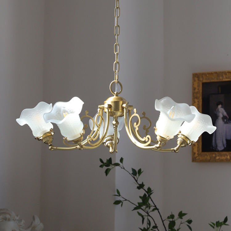 Traditional French Brass Carved Lamp Arm Alabaster Flower Glass 3/5-Light Chandelier For Living Room