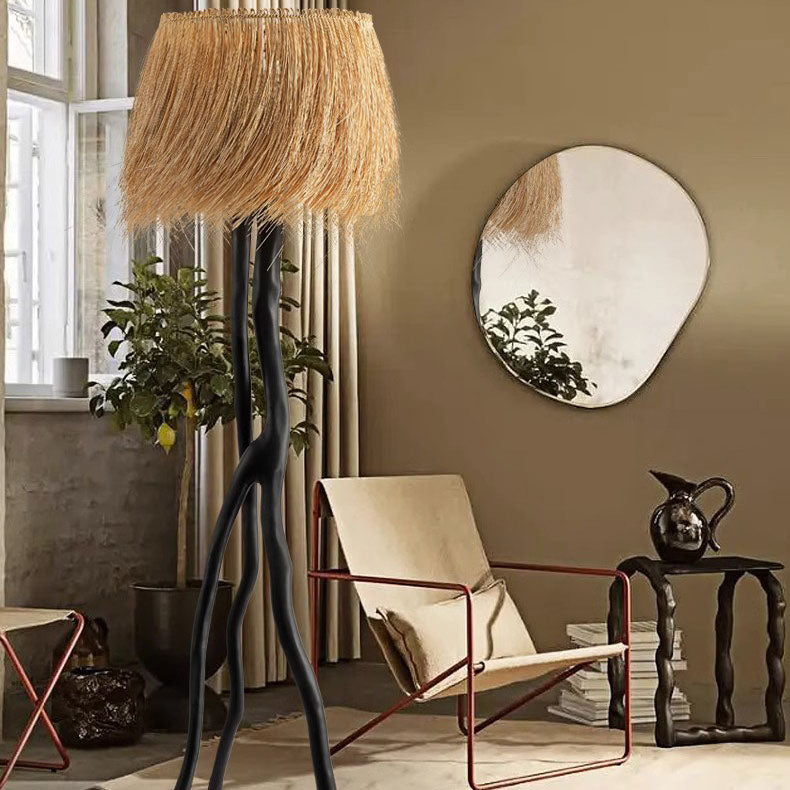 Traditional Rustic Bamboo Weaving Round Shade Resin Branch Base 1-Light Standing Floor Lamp For Entertainment Rooms