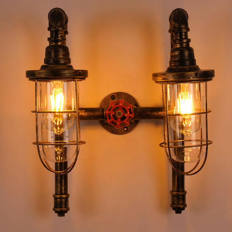 Industrial Metal Cage 2-Light Pipes Wall Sconce Lamp