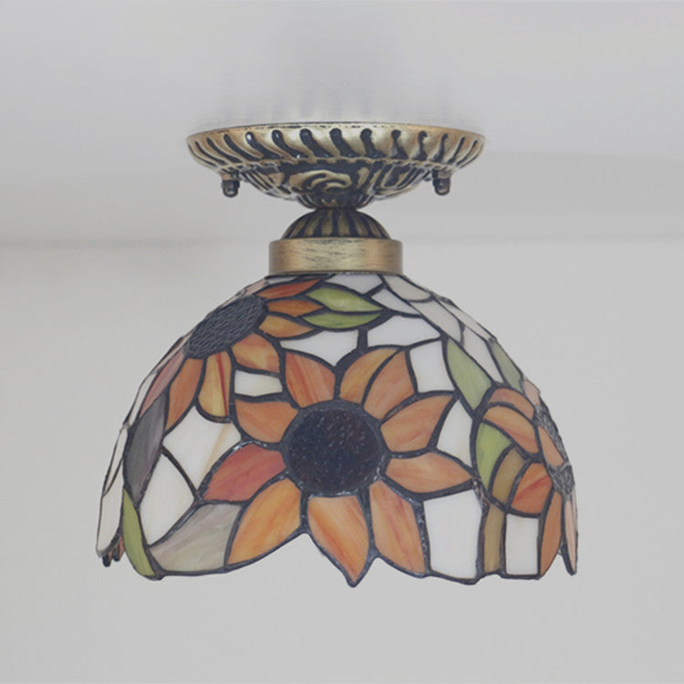 Traditional Tiffany Stained Glass Sunflower Bowl Shape 1-Light Semi-Flush Mount Ceiling Light For Living Room