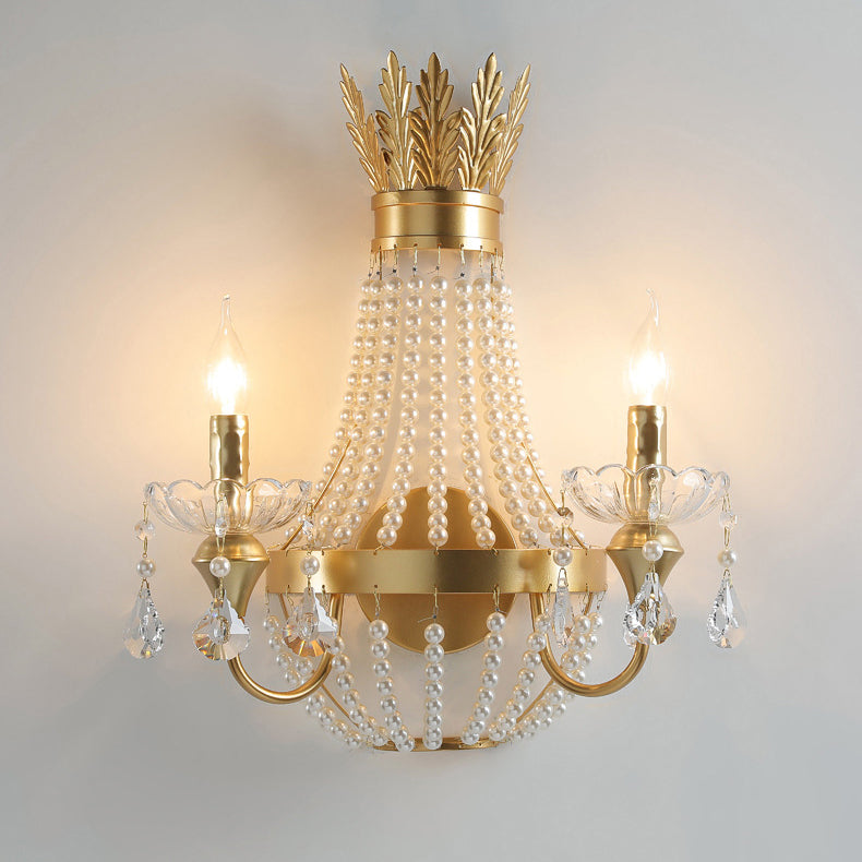 Modern Luxury Half Round Tassel Crystal Iron Pearl 2-Light Wall Sconce Lamp For Bedroom