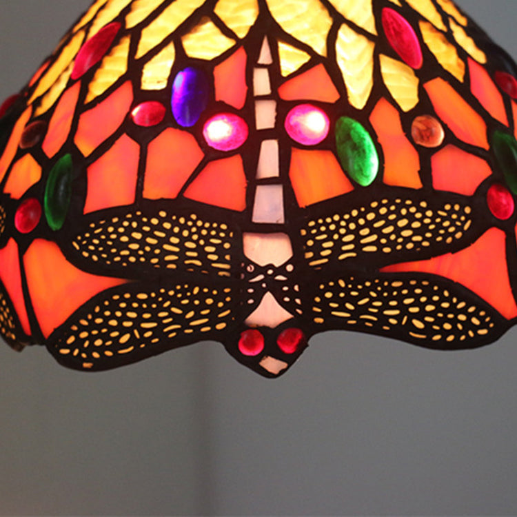 Traditional Tiffany Half Ball Floral Dragonfly Iron Glass 1-Light Wall Sconce Lamp For Bedroom