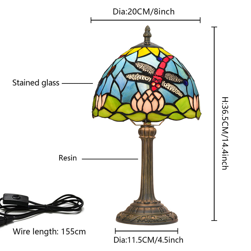 Traditional Tiffany Glass Resin Dome Dragonfly Lotus 1-Light Table Lamp For Study