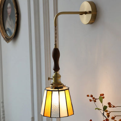 Contemporary Retro Stained Glass Cylinder Copper Glass 1-Light Wall Sconce Lamp For Bedroom