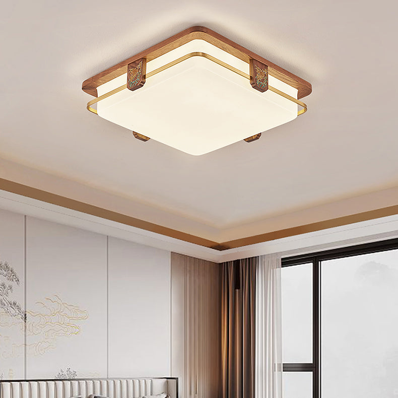 Traditional Chinese Walnut Copper Acrylic Round Square Rectangular LED Flush Mount Ceiling Light For Living Room