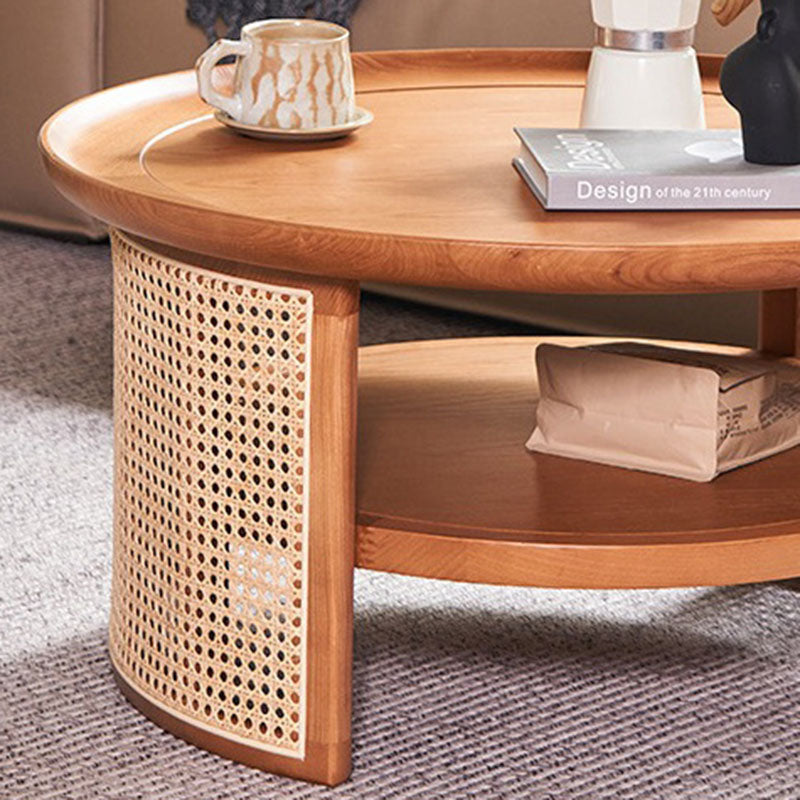 Traditional Japanese Round Wood Weaving Coffee Table For Living Room