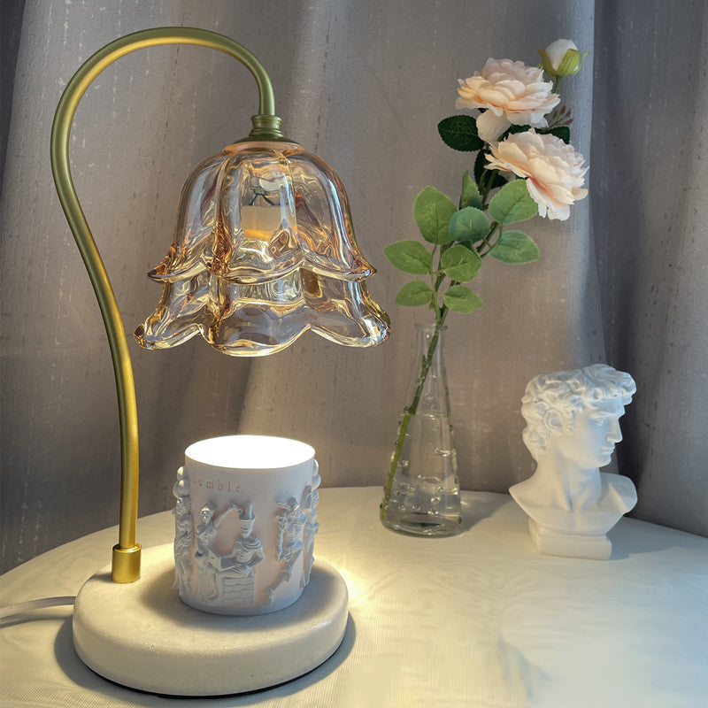 Modern Art Deco Flower Glass Shade Marble Base 1-Light Melting Wax Table Lamp For Bedroom