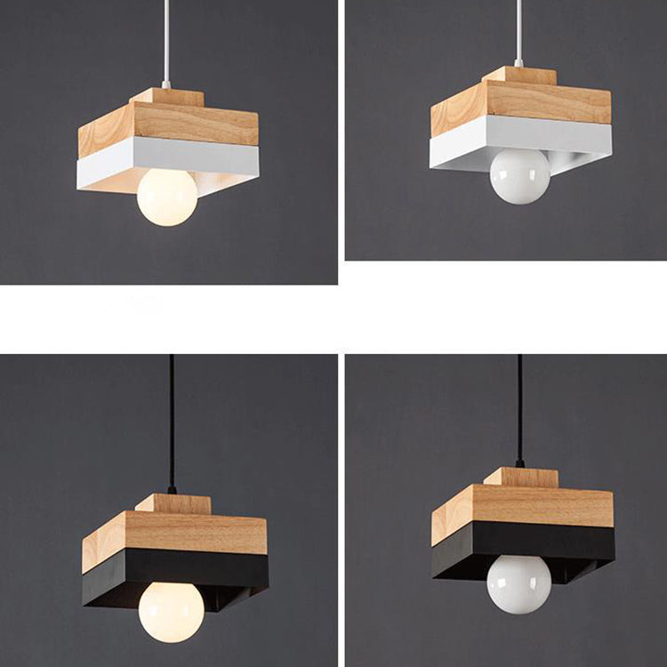 Contemporary Scandinavian Square Iron Wood 1-Light Pendant Light For Living Room