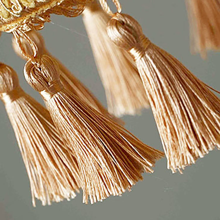 Traditional French Round Tassel Glass Copper Fabric 1-Light Pendant Light For Living Room