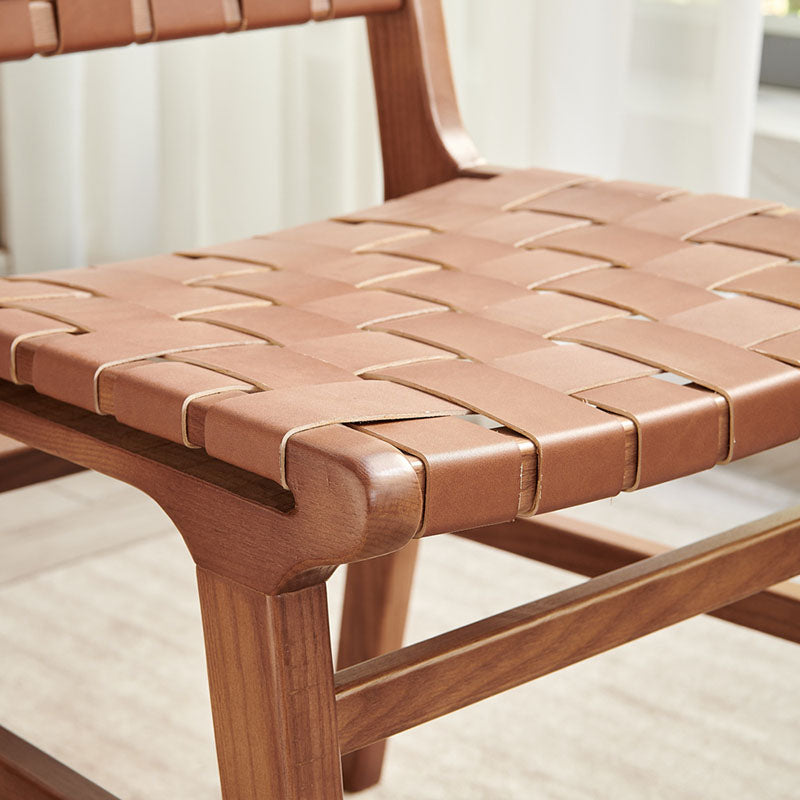 Contemporary Scandinavian Square Woven Wood Saddle Leather Dining Chair Backrest For Dining Room