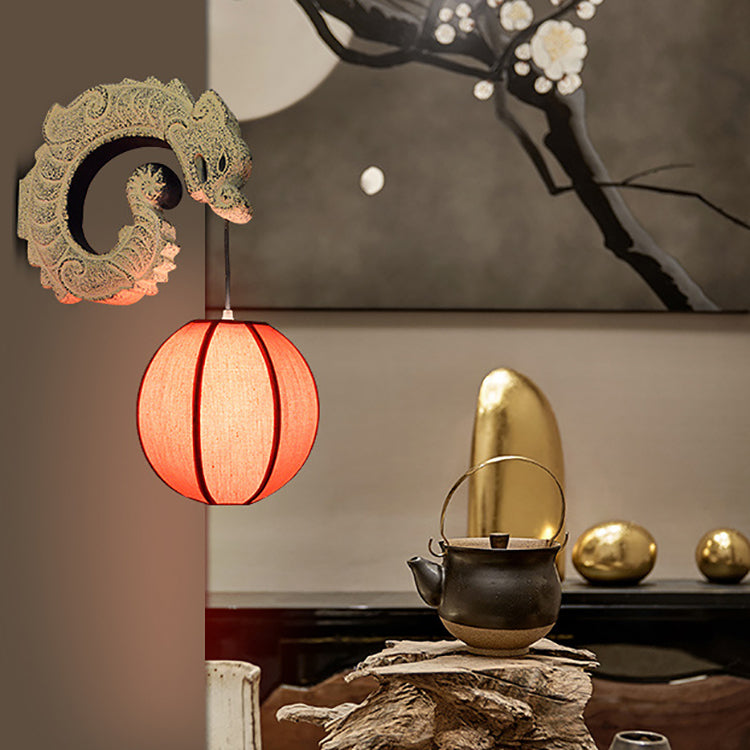 Traditional Chinese Classical Fabric Lantern Shade Resin Carved Flying Dragon Design 1-Light Wall Sconce Lamp For Living Room