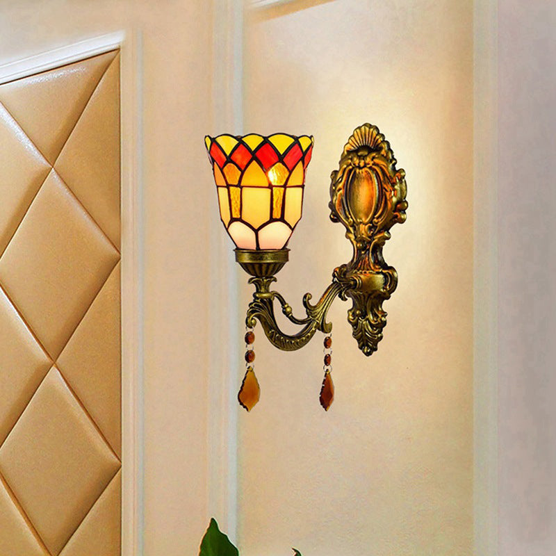 Traditional Tiffany Flower Iron Crystal Stained Glass 1-Light Wall Sconce Lamp For Living Room