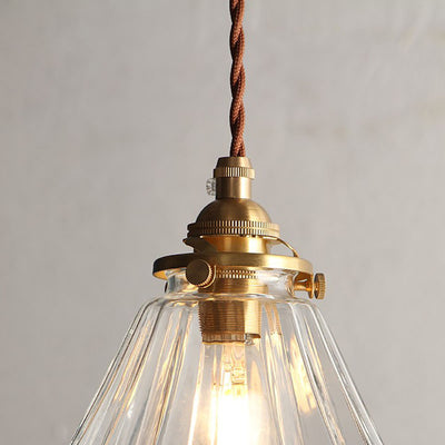 Traditional Japanese Brass Iron Glass Diamond Stripe 1-Light Pendant Light For Bedside