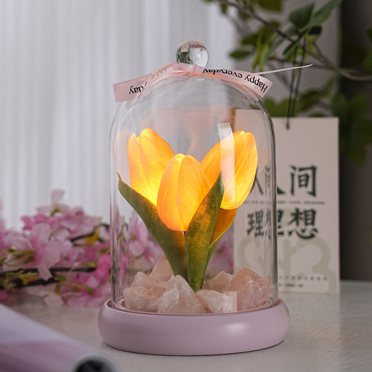 Modern Simplicity Cylinder Flower Wood Glass LED Table Lamp For Living Room