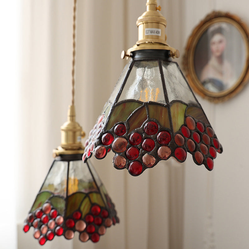 Traditional Vintage Brass Glass Flower Colored Grapes 1-Light Pendant Light For Dining Room