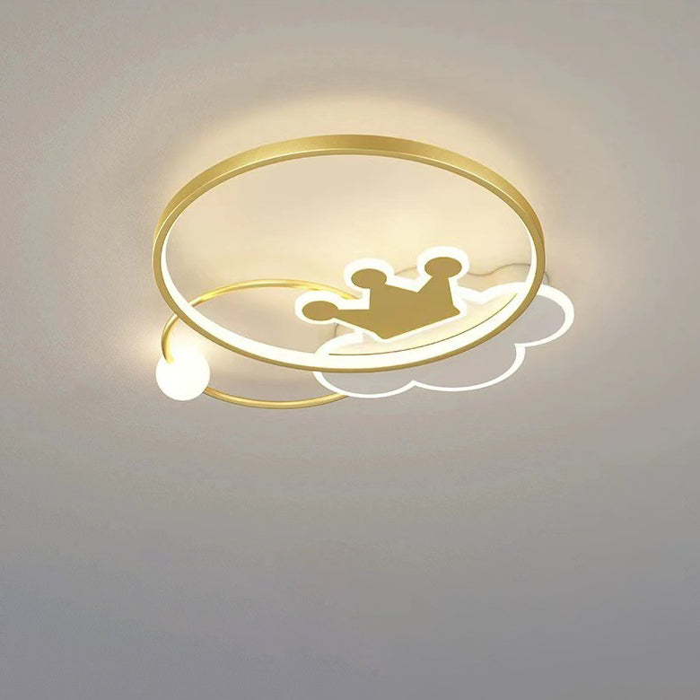 Contemporary Nordic Kids Iron Acrylic Circle Round Crown Cloud LED Flush Mount Ceiling Light For Bedroom