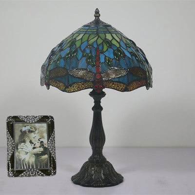 Traditional Tiffany Stained Glass Animal Dragonfly Pattern Zinc Alloy Base 1-Light Table Lamp For Bedroom