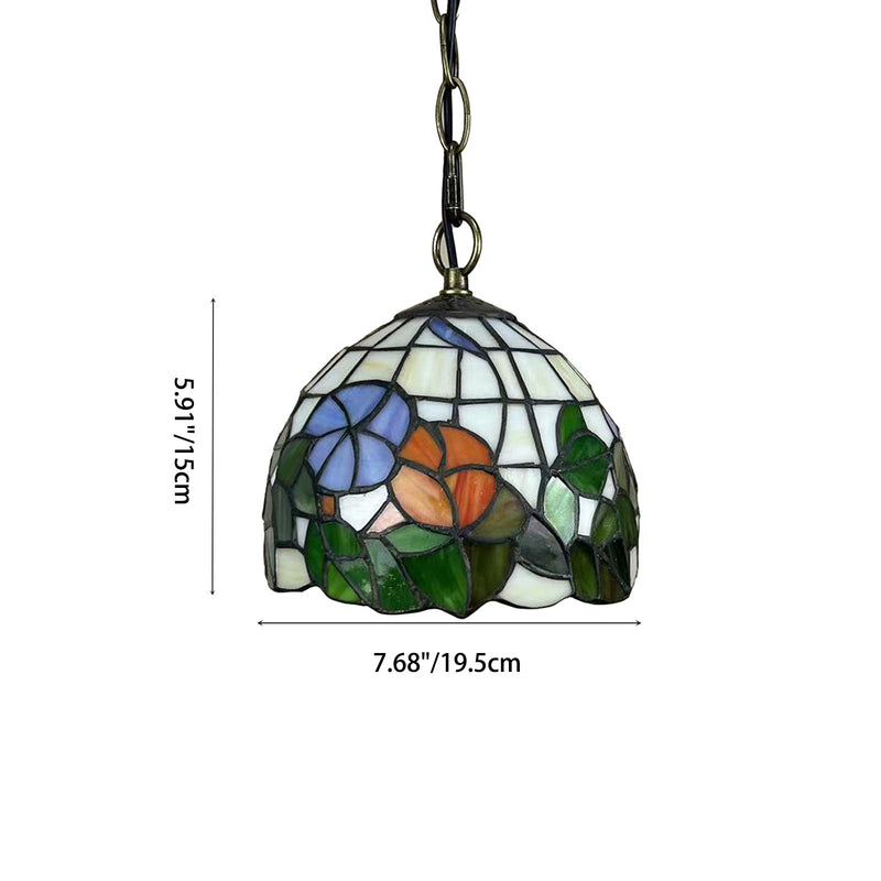 Traditional Tiffany Round Dome Petunia Baroque Zinc Stained Glass 1-Light Pendant Light For Living Room