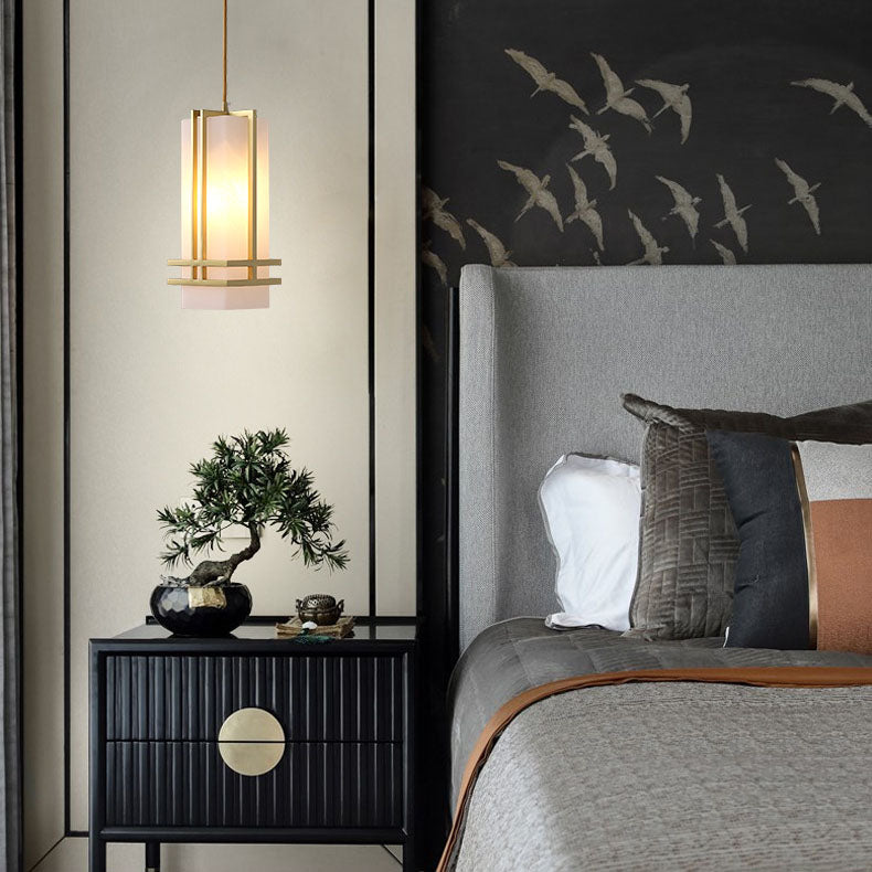 Traditional Chinese Copper Framed Glass Shade 1-Light Pendant Light For Living Room