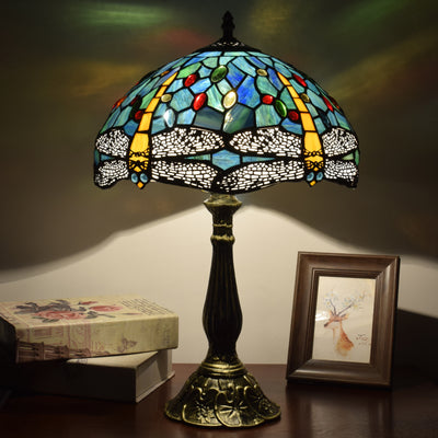 Traditional Tiffany Aluminum Alloy Glass Dome Dragonfly 1-Light Table Lamp For Bedroom