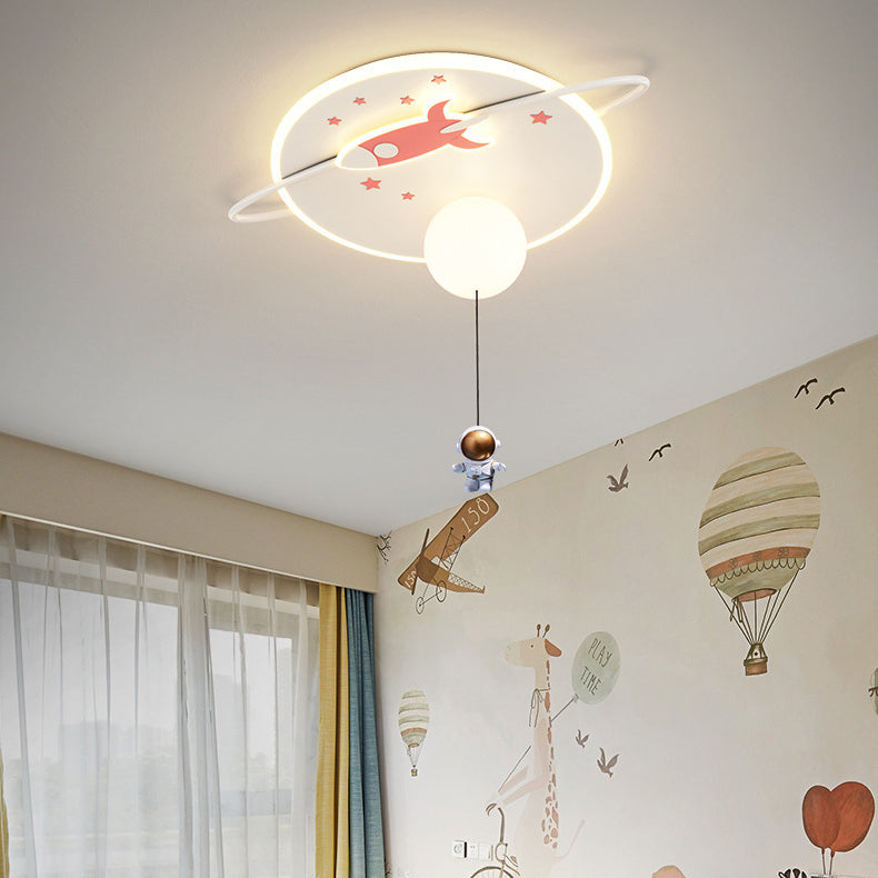 Contemporary Creative Iron Acrylic Rocket Astronaut LED Kids Flush Mount Ceiling Light For Bedroom