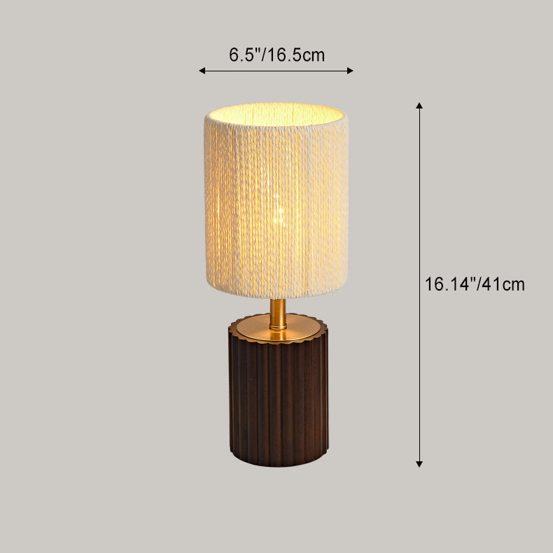 Traditional Japanese Round Cylinder Paper Rope Wood 1-Light Table Lamp For Bedroom