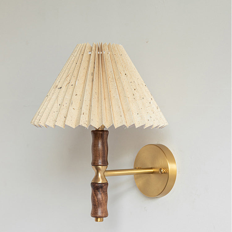 Traditional Japanese Copper Walnut Fabric Ceramic Conic Pleated 1-Light Wall Sconce Lamp For Bedside