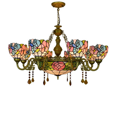 Traditional Tiffany Flower Dome Iron Glass Alloy 8/11 Light Chandeliers For Living Room